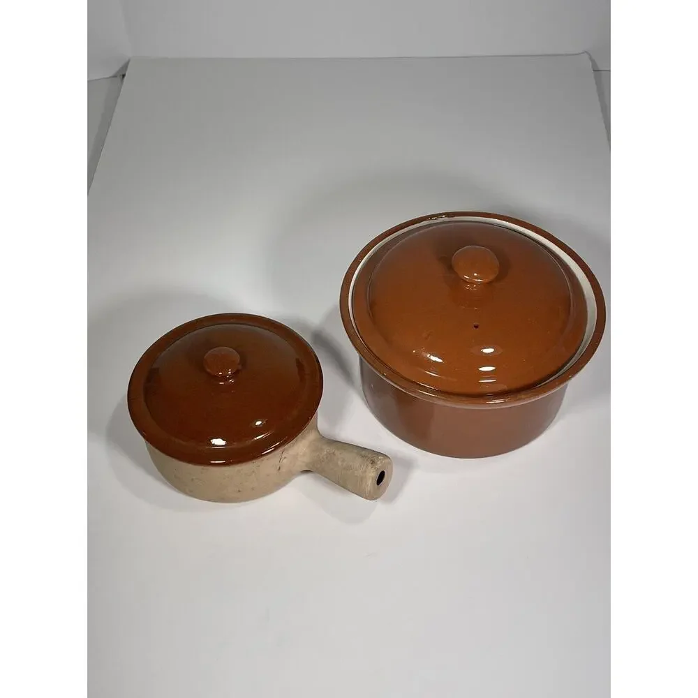 2 Set Cooking Pots - 1 Vallauris French Pottery Rustic Clay Pot + 1‎ Casserole